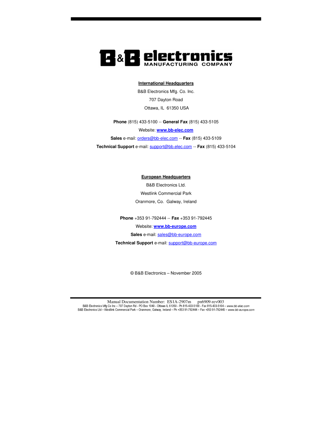 B&B Electronics ES1A manual International Headquarters 