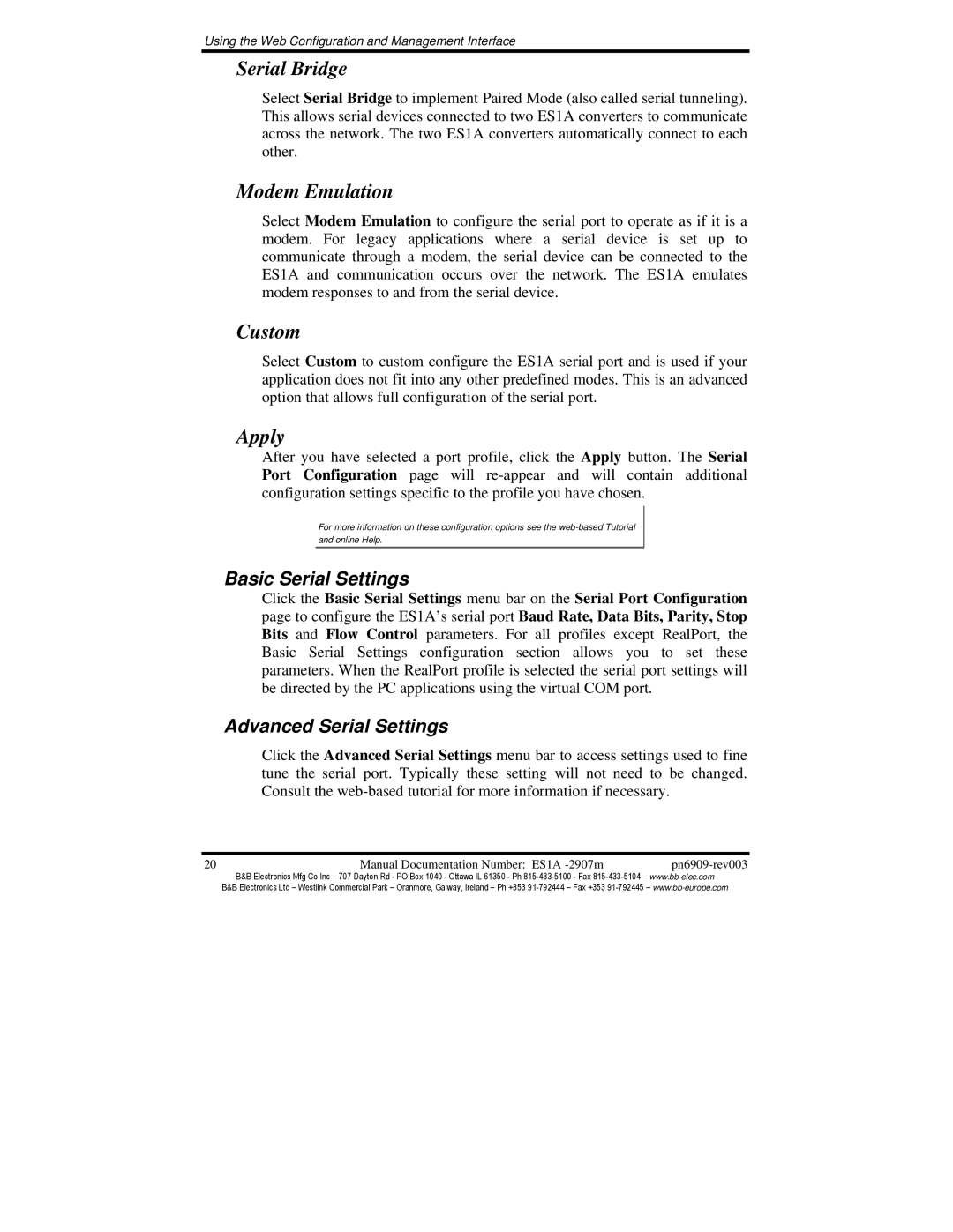 B&B Electronics ES1A manual Basic Serial Settings, Advanced Serial Settings 