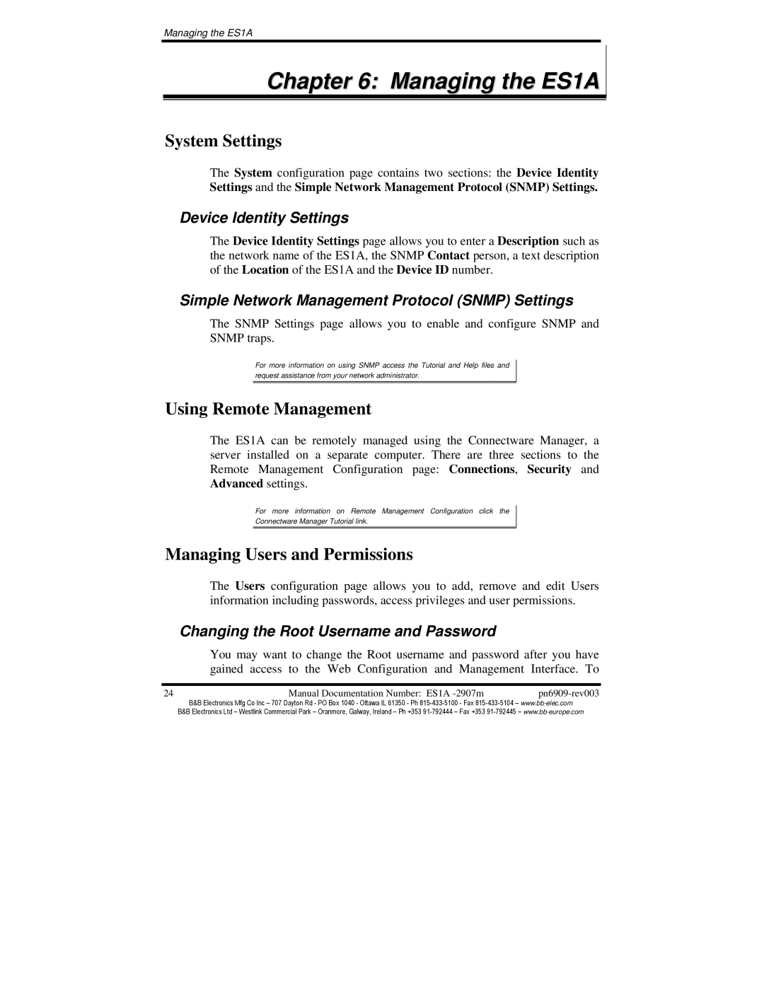 B&B Electronics manual Managing the ES1A, System Settings, Using Remote Management, Managing Users and Permissions 