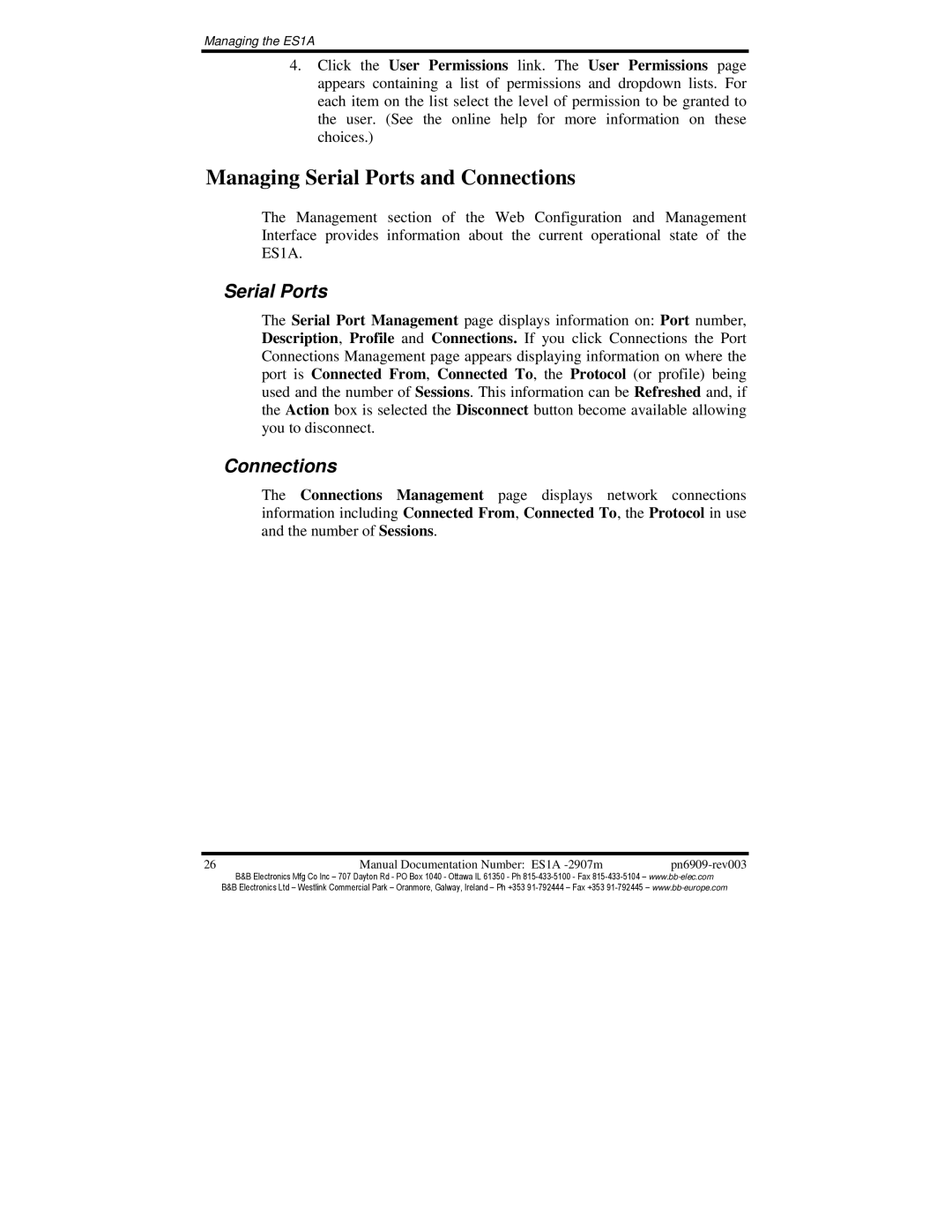 B&B Electronics ES1A manual Managing Serial Ports and Connections 