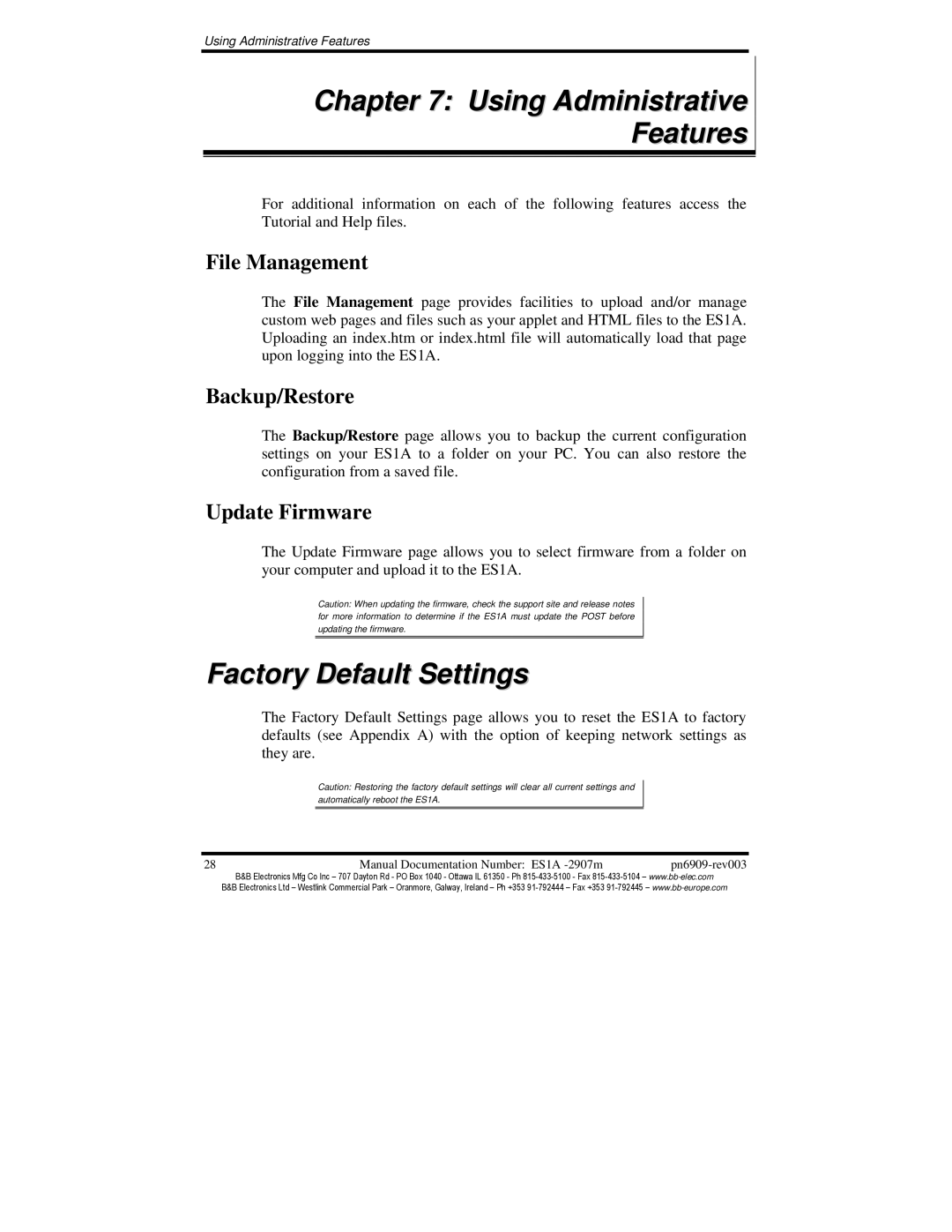 B&B Electronics ES1A manual Using Administrative Features, Factory Default Settings, File Management, Backup/Restore 