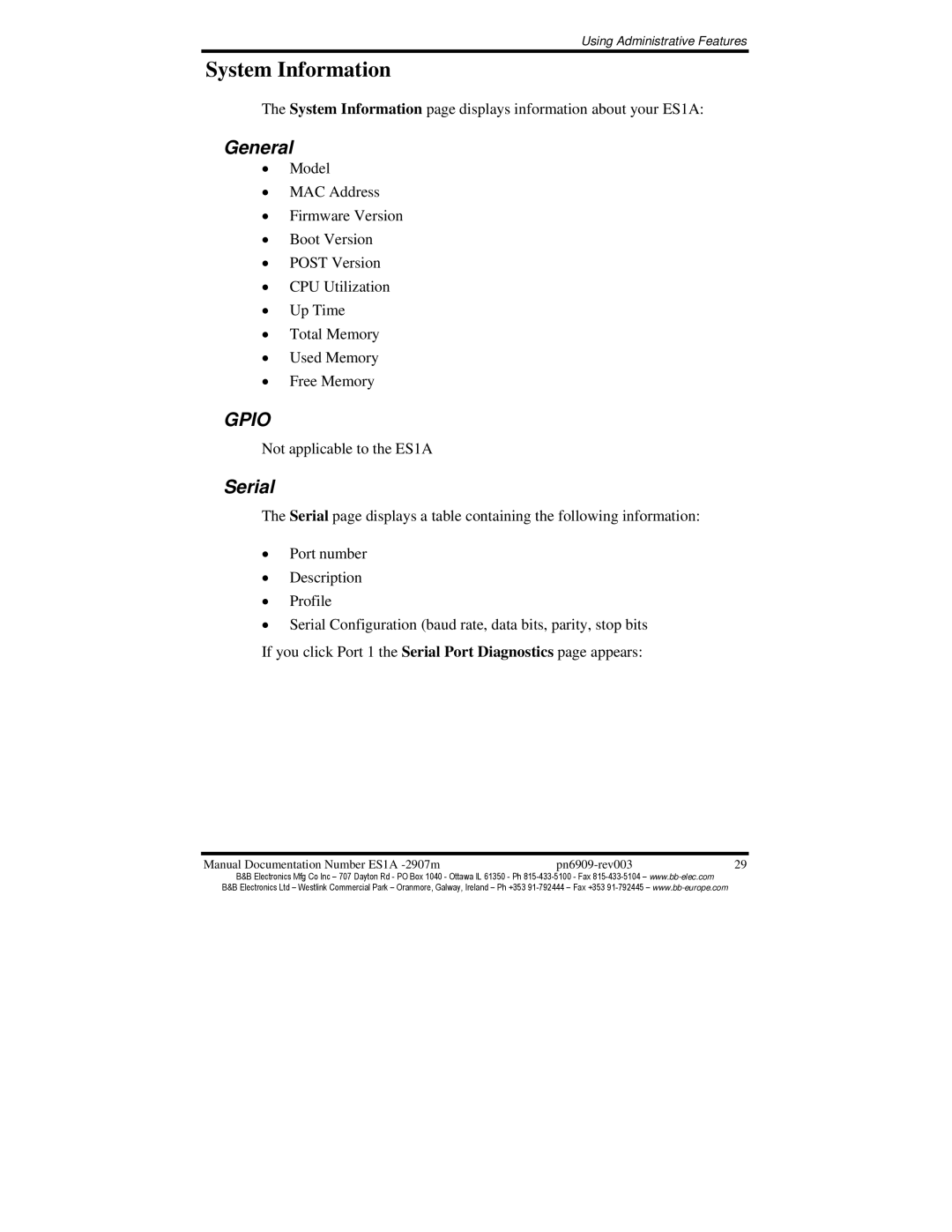 B&B Electronics ES1A manual System Information, General, Serial 