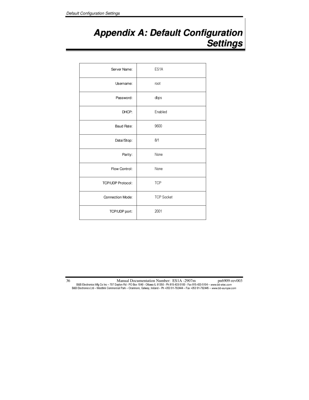 B&B Electronics ES1A manual Appendix a Default Configuration Settings, Tcp 