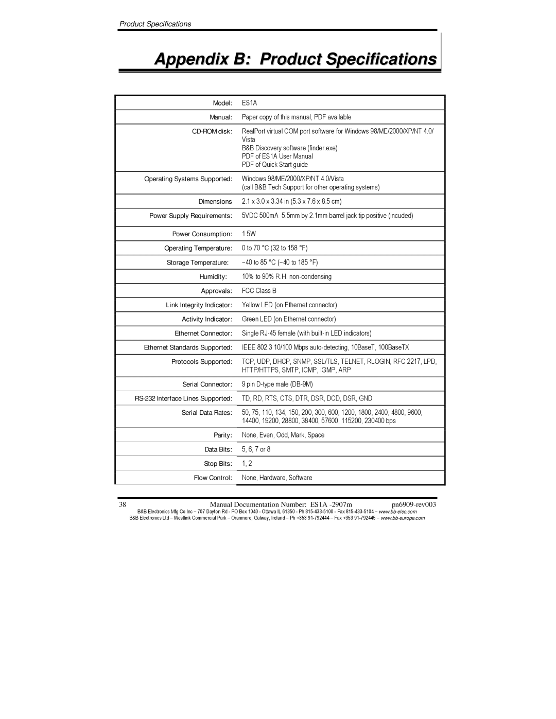 B&B Electronics ES1A manual Appendix B Product Specifications, Manual CD-ROM disk 