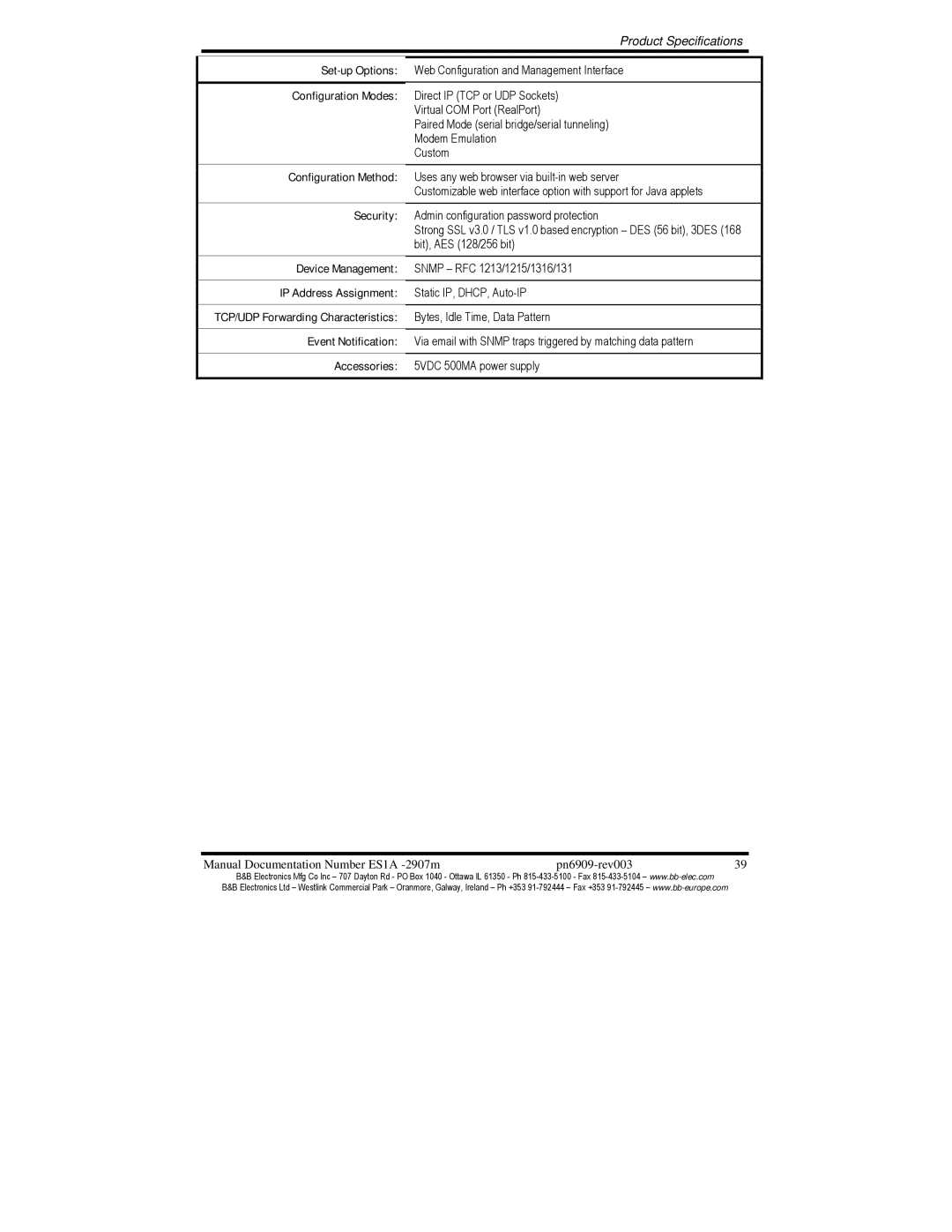 B&B Electronics ES1A manual Product Specifications 