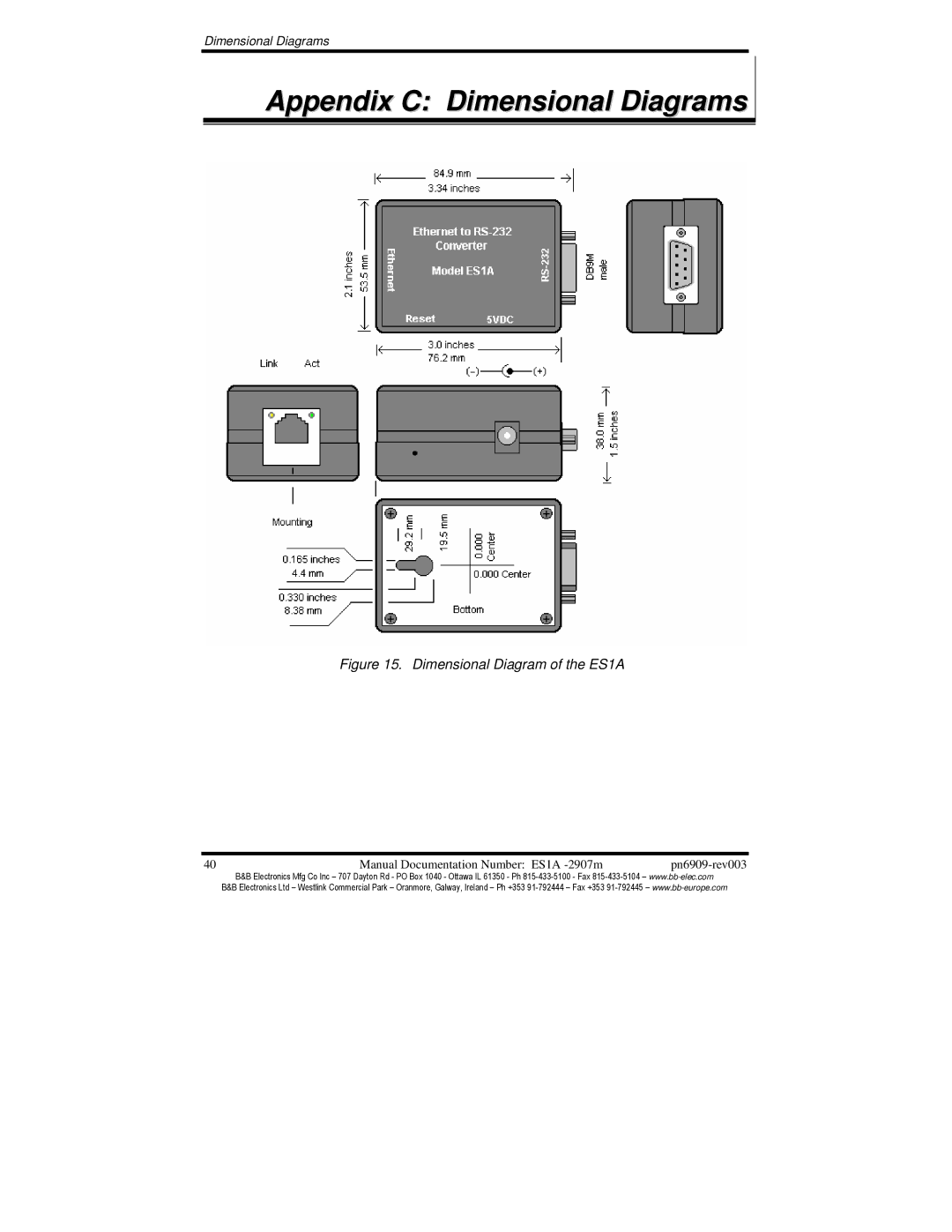 B&B Electronics manual Appendix C Dimensional Diagrams, Dimensional Diagram of the ES1A 