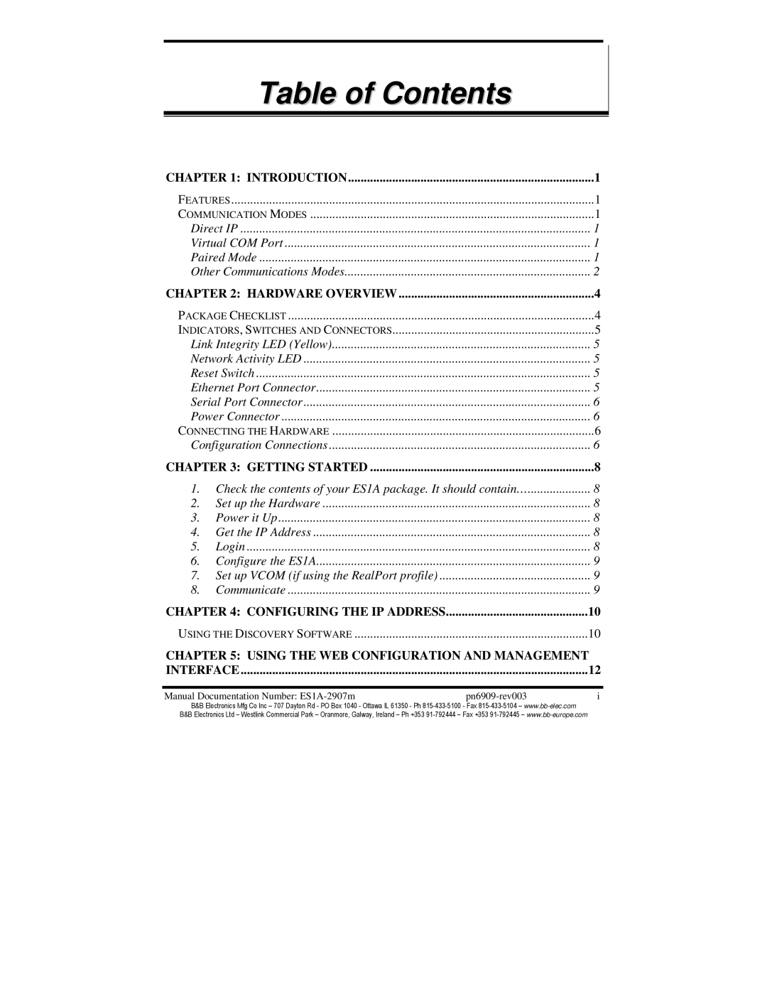 B&B Electronics ES1A manual Table of Contents 