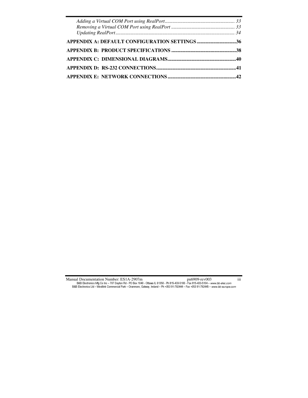 B&B Electronics manual Manual Documentation Number ES1A-2907m Pn6909-rev003 Iii 