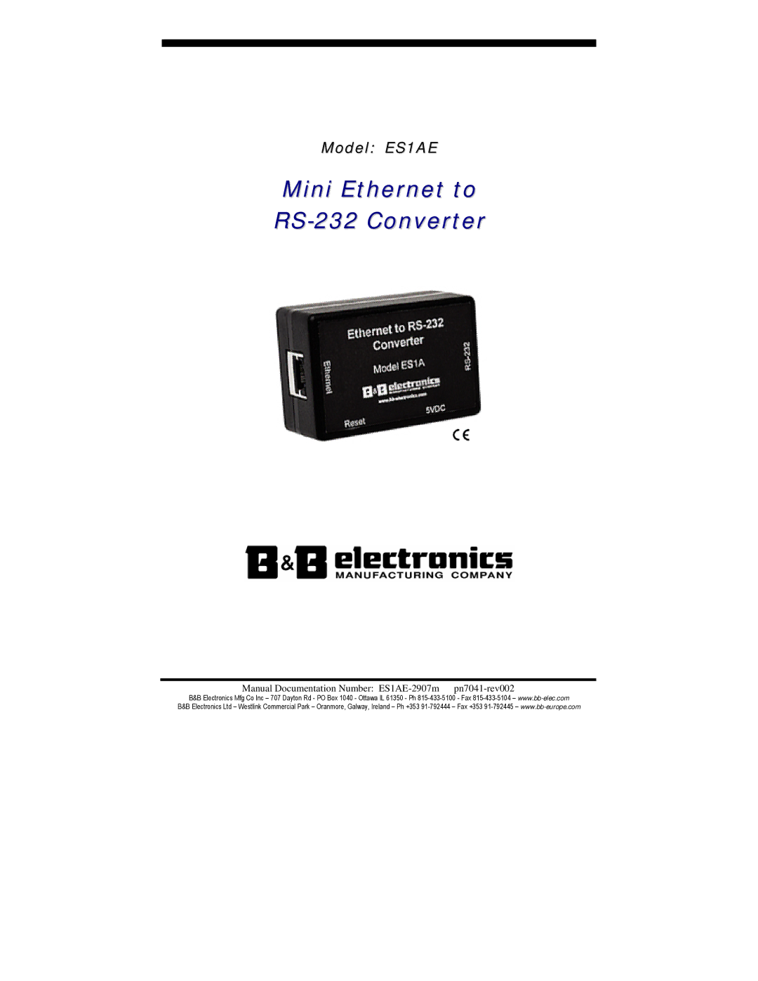 B&B Electronics manual Mini Ethernet to RS-232 Converter, Model ES1AE 