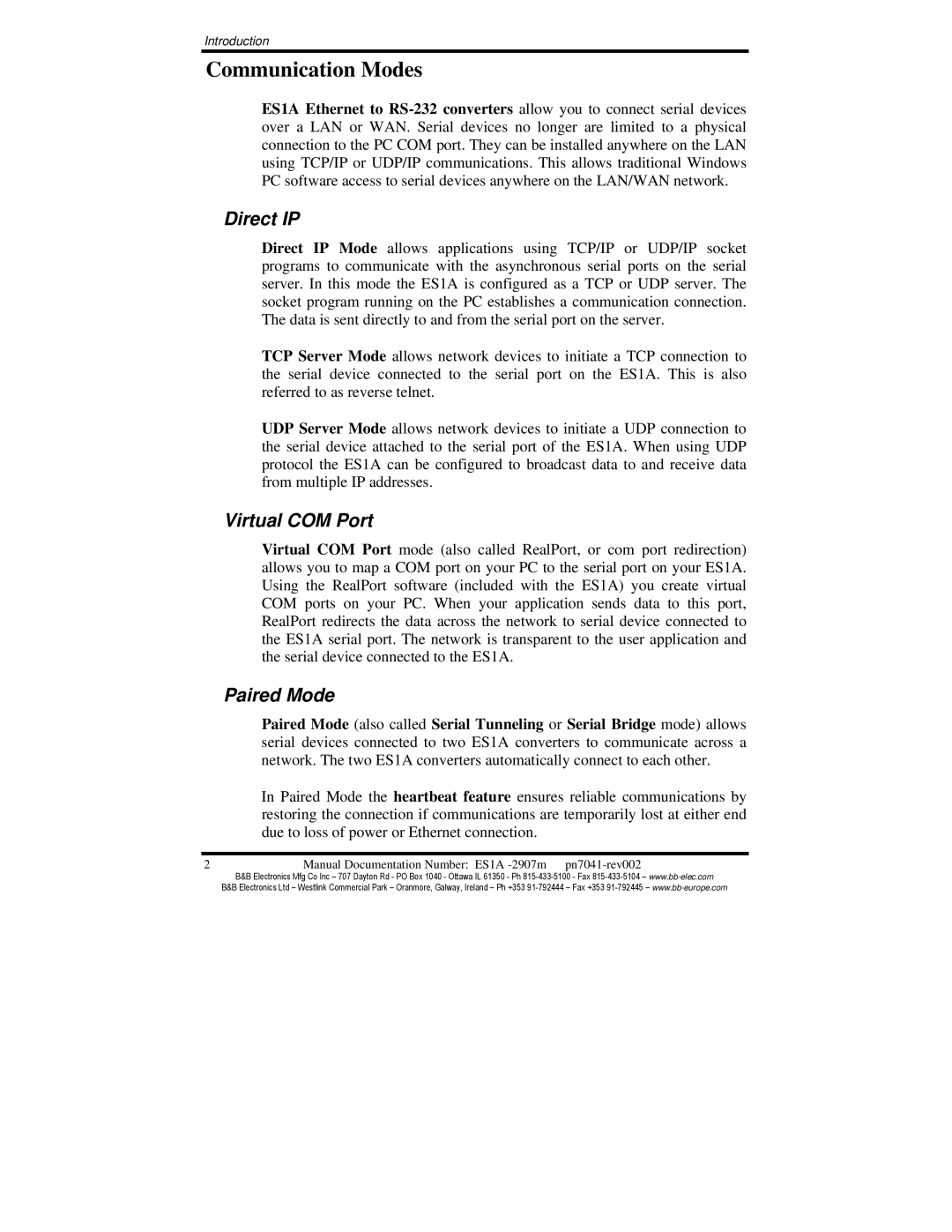 B&B Electronics ES1AE manual Communication Modes, Direct IP, Virtual COM Port, Paired Mode 