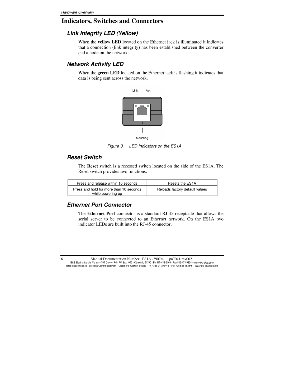 B&B Electronics ES1AE Indicators, Switches and Connectors, Link Integrity LED Yellow, Network Activity LED, Reset Switch 