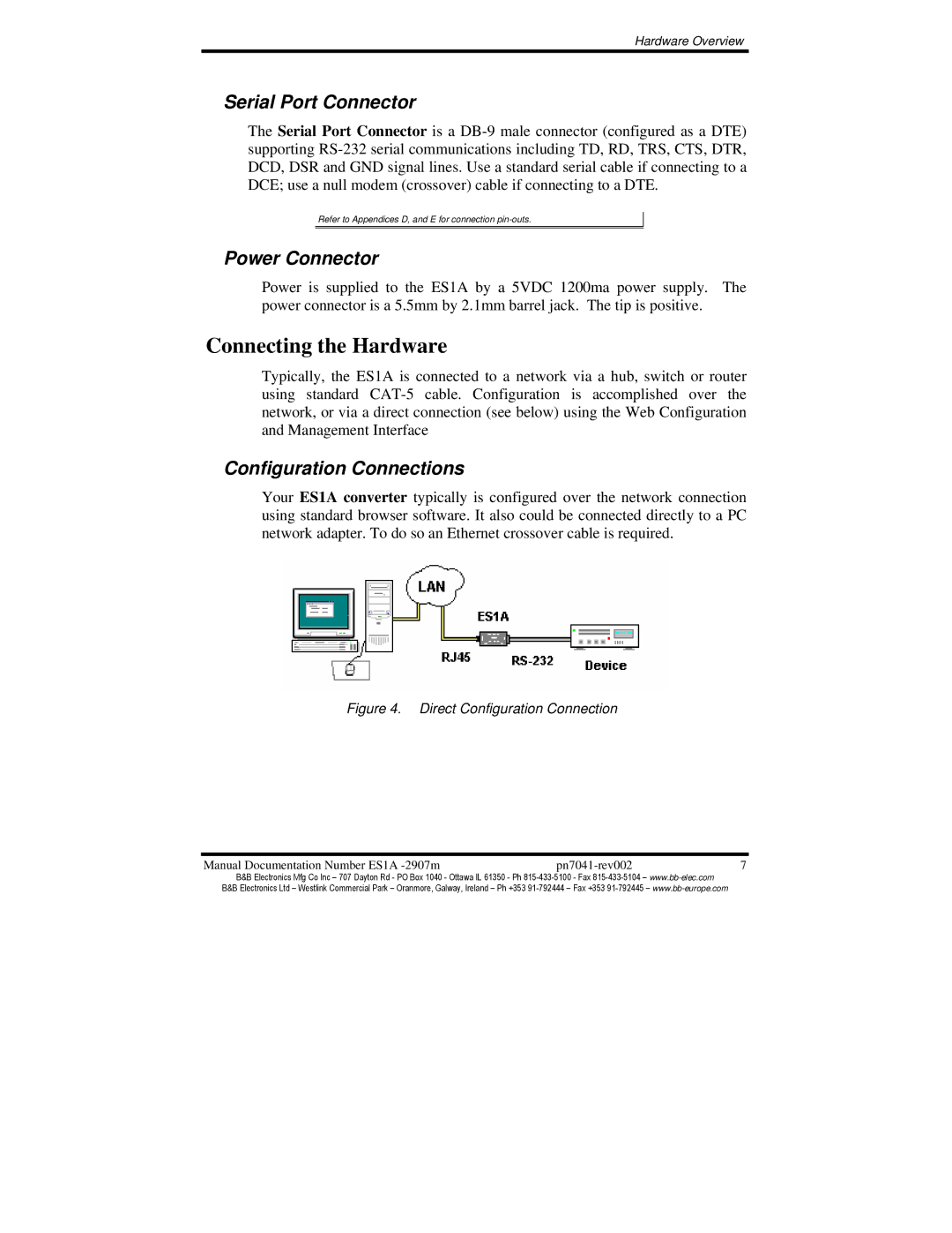 B&B Electronics ES1AE manual Connecting the Hardware, Serial Port Connector, Power Connector, Configuration Connections 