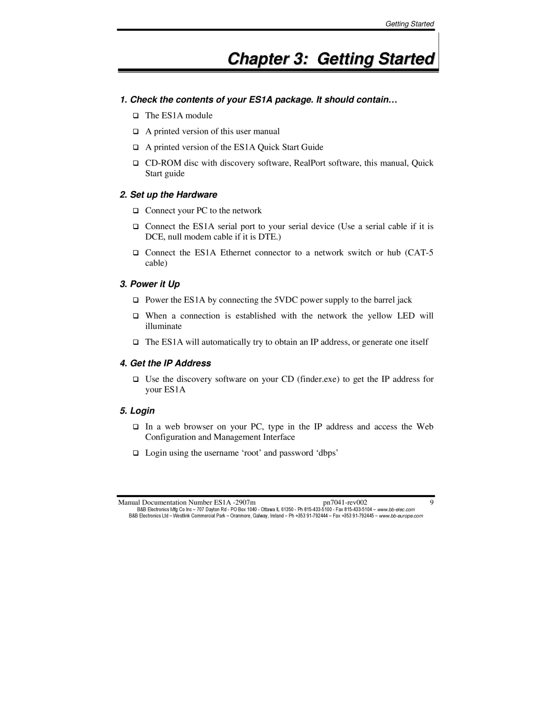 B&B Electronics ES1AE manual Getting Started, Check the contents of your ES1A package. It should contain… 