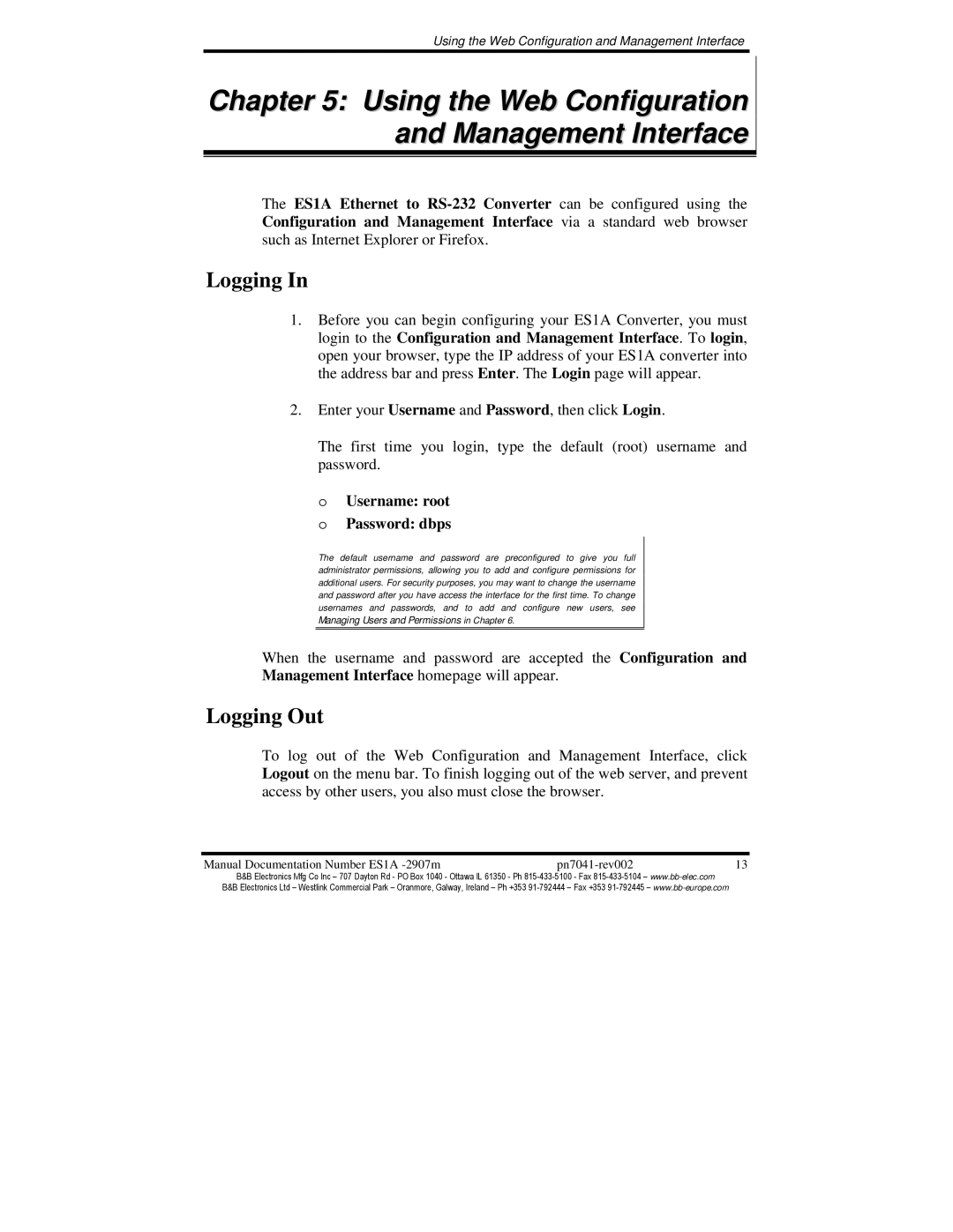 B&B Electronics ES1AE manual Using the Web Configuration and Management Interface, Logging Out 