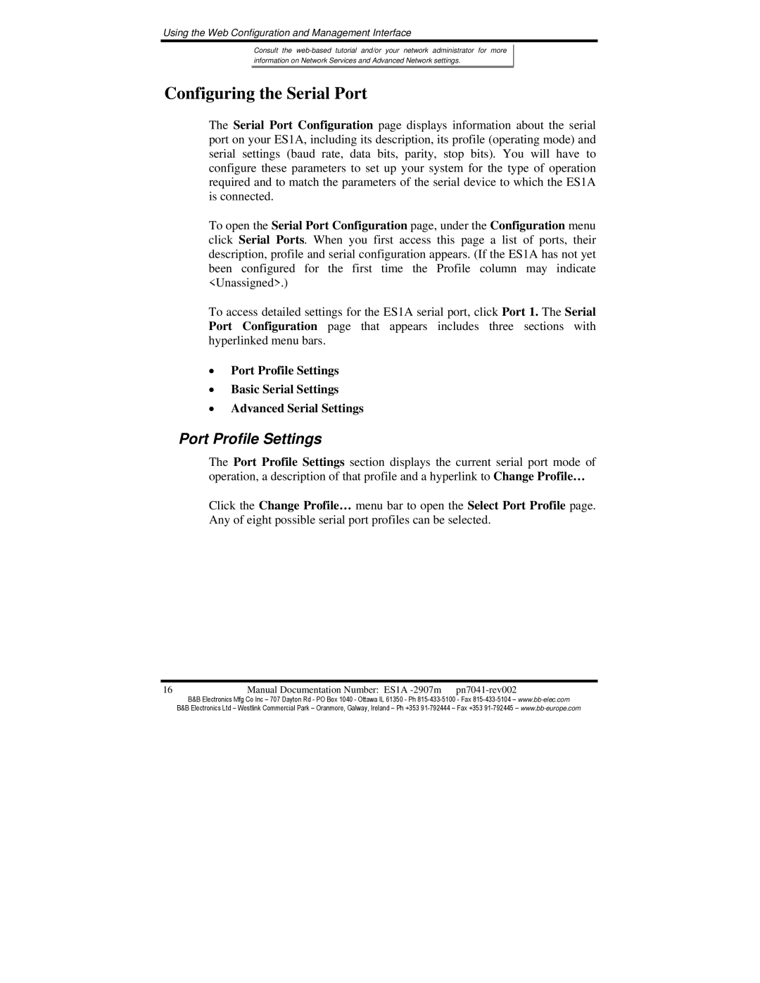 B&B Electronics ES1AE manual Configuring the Serial Port, Port Profile Settings 