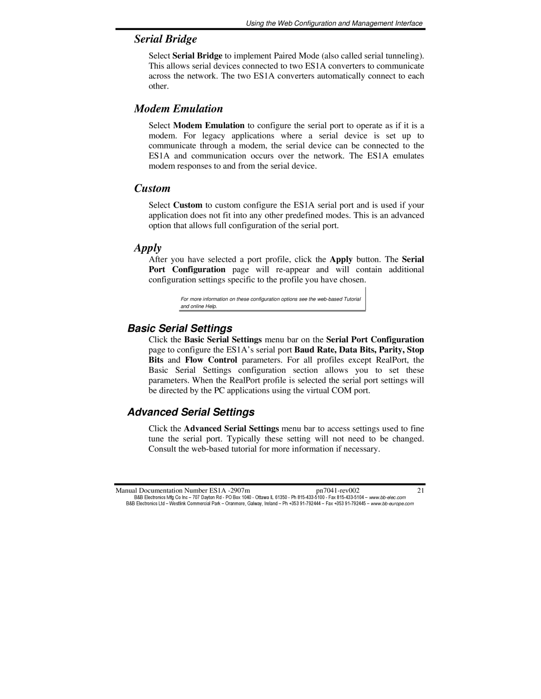 B&B Electronics ES1AE manual Basic Serial Settings, Advanced Serial Settings 