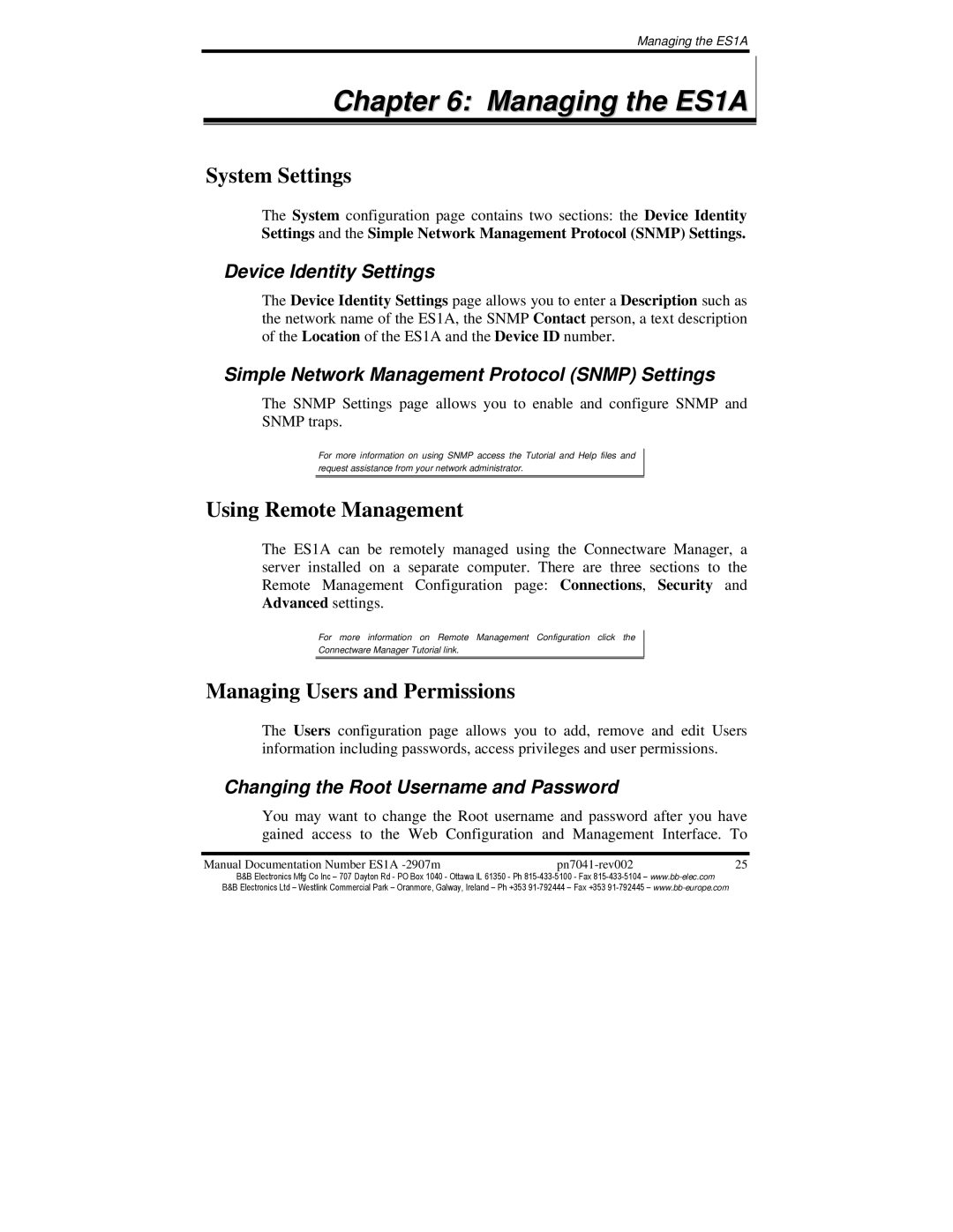 B&B Electronics ES1AE manual Managing the ES1A, System Settings, Using Remote Management, Managing Users and Permissions 