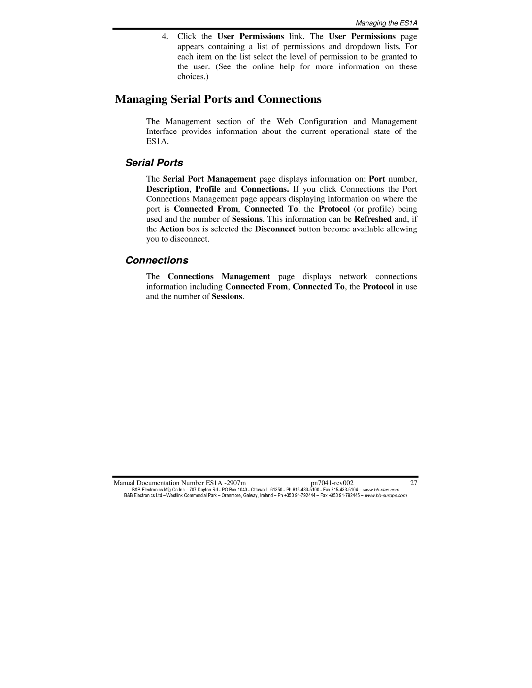 B&B Electronics ES1AE manual Managing Serial Ports and Connections 