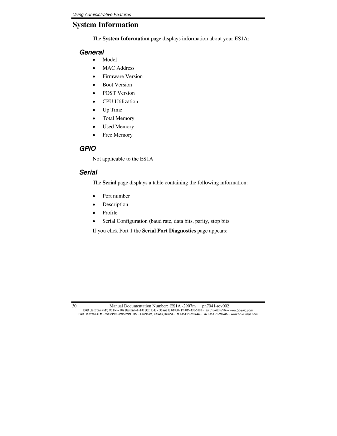 B&B Electronics ES1AE manual System Information, General, Serial 