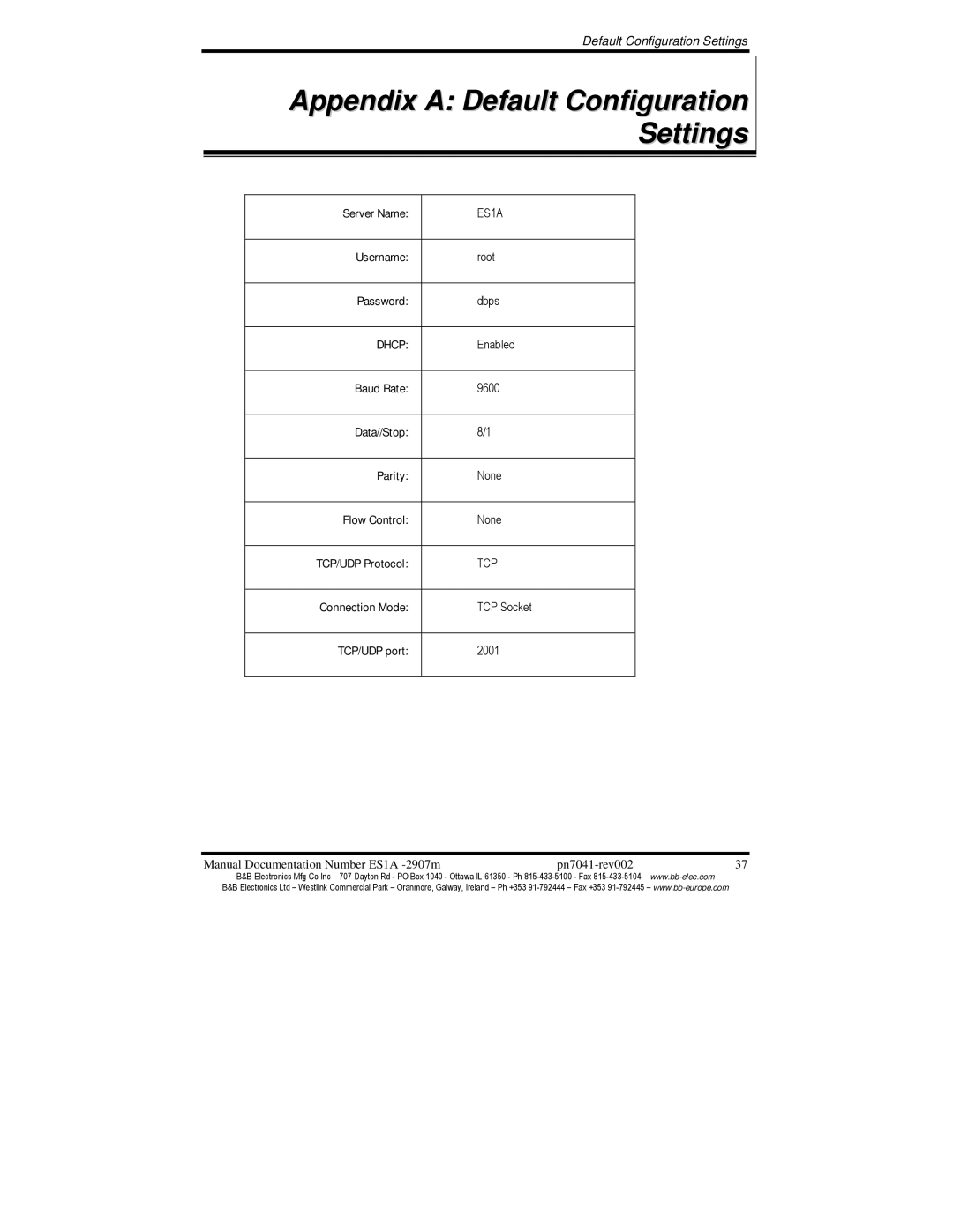 B&B Electronics ES1AE manual Appendix a Default Configuration Settings, Tcp 