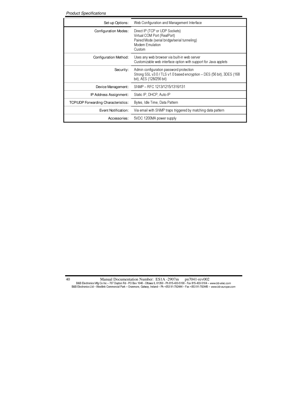 B&B Electronics ES1AE manual Product Specifications 