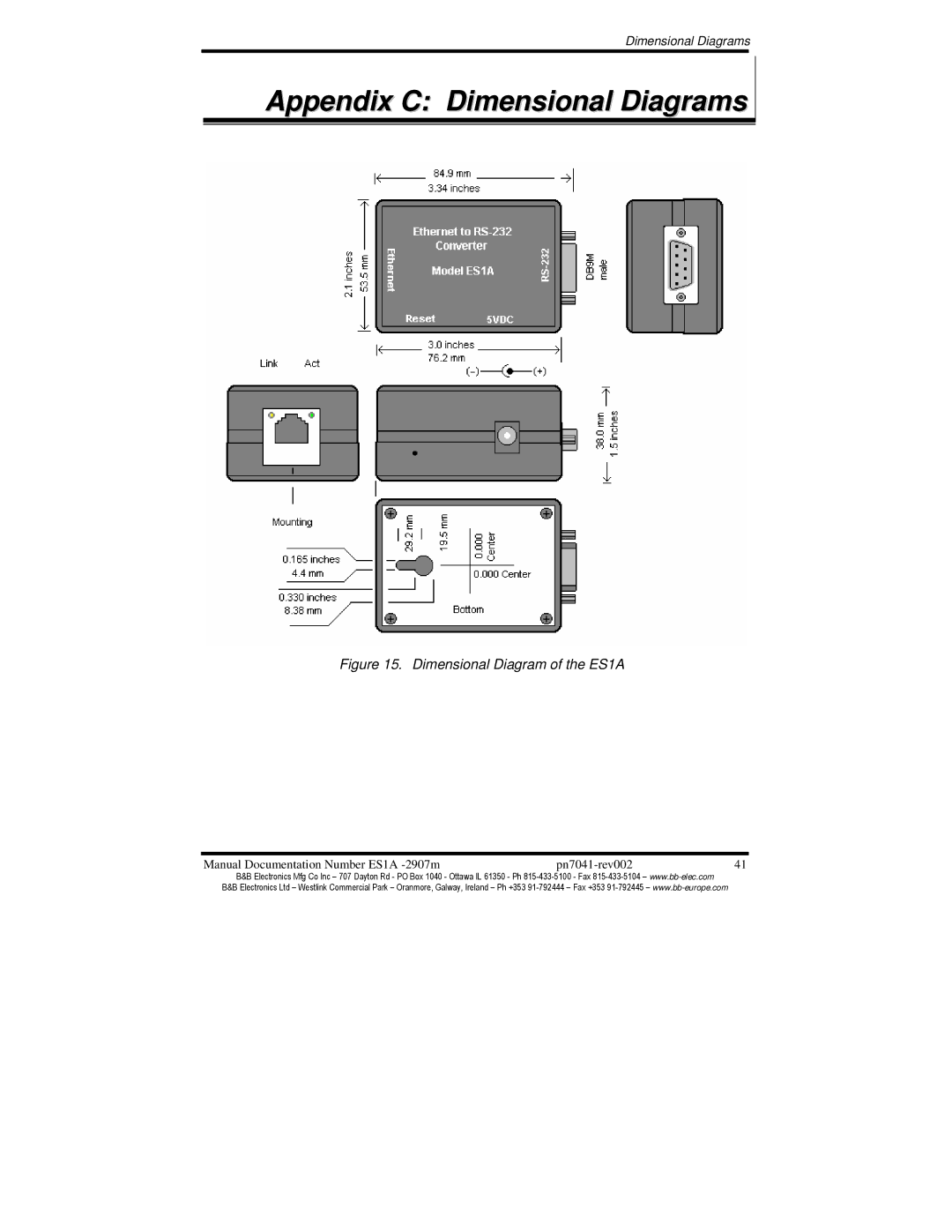 B&B Electronics ES1AE manual Appendix C Dimensional Diagrams, Dimensional Diagram of the ES1A 