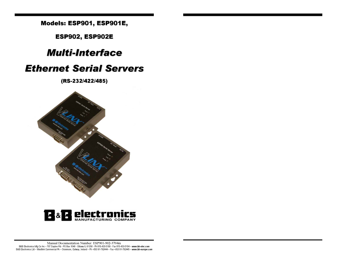 B&B Electronics ESP901E, ESP902E manual Multi-Interface Ethernet Serial Servers 