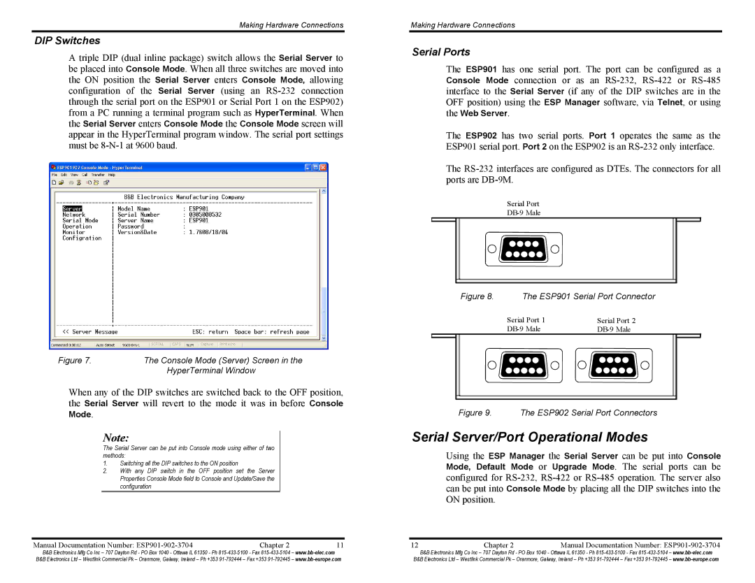 B&B Electronics ESP902E, ESP901E manual Serial Server/Port Operational Modes, DIP Switches, Serial Ports 