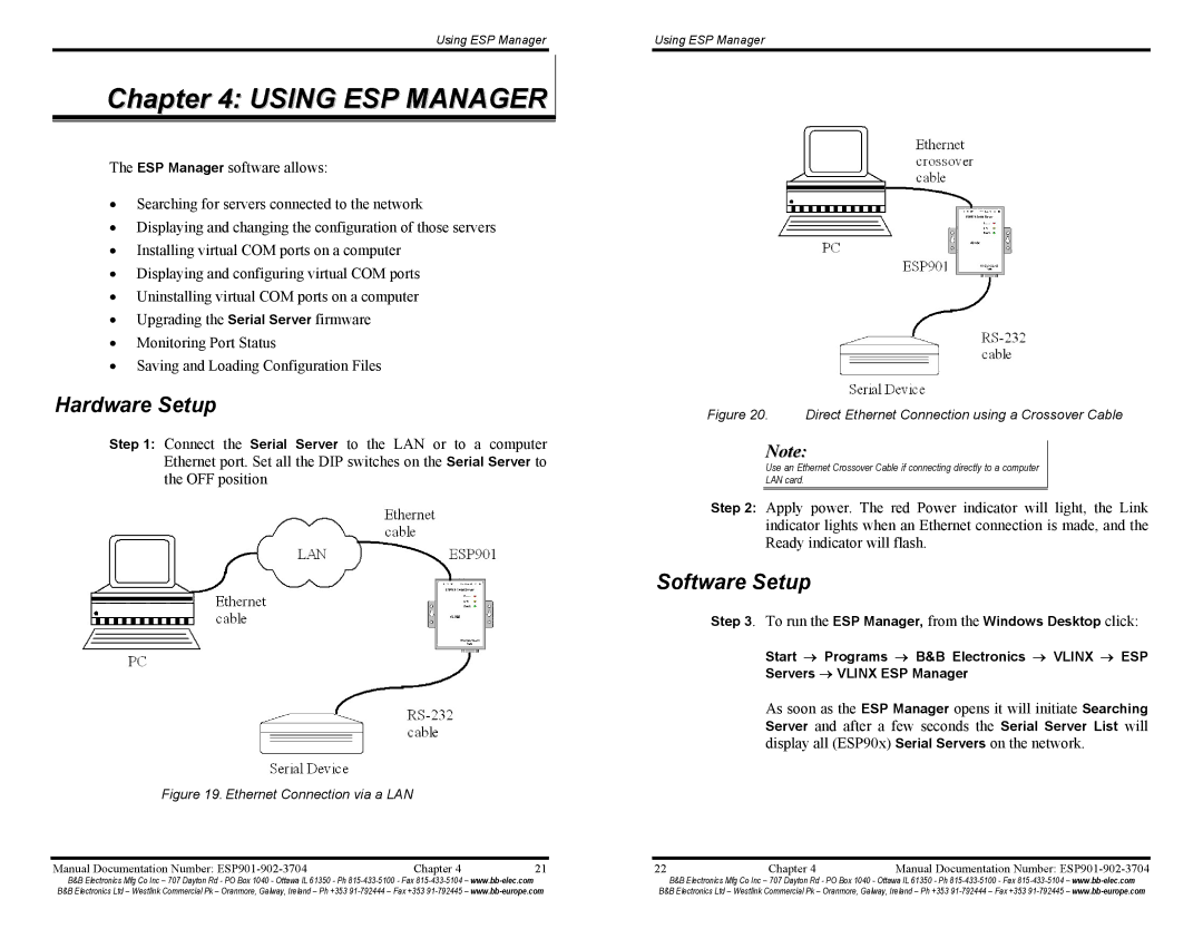 B&B Electronics ESP901E, ESP902E manual Using ESP Manager, Hardware Setup, Software Setup 