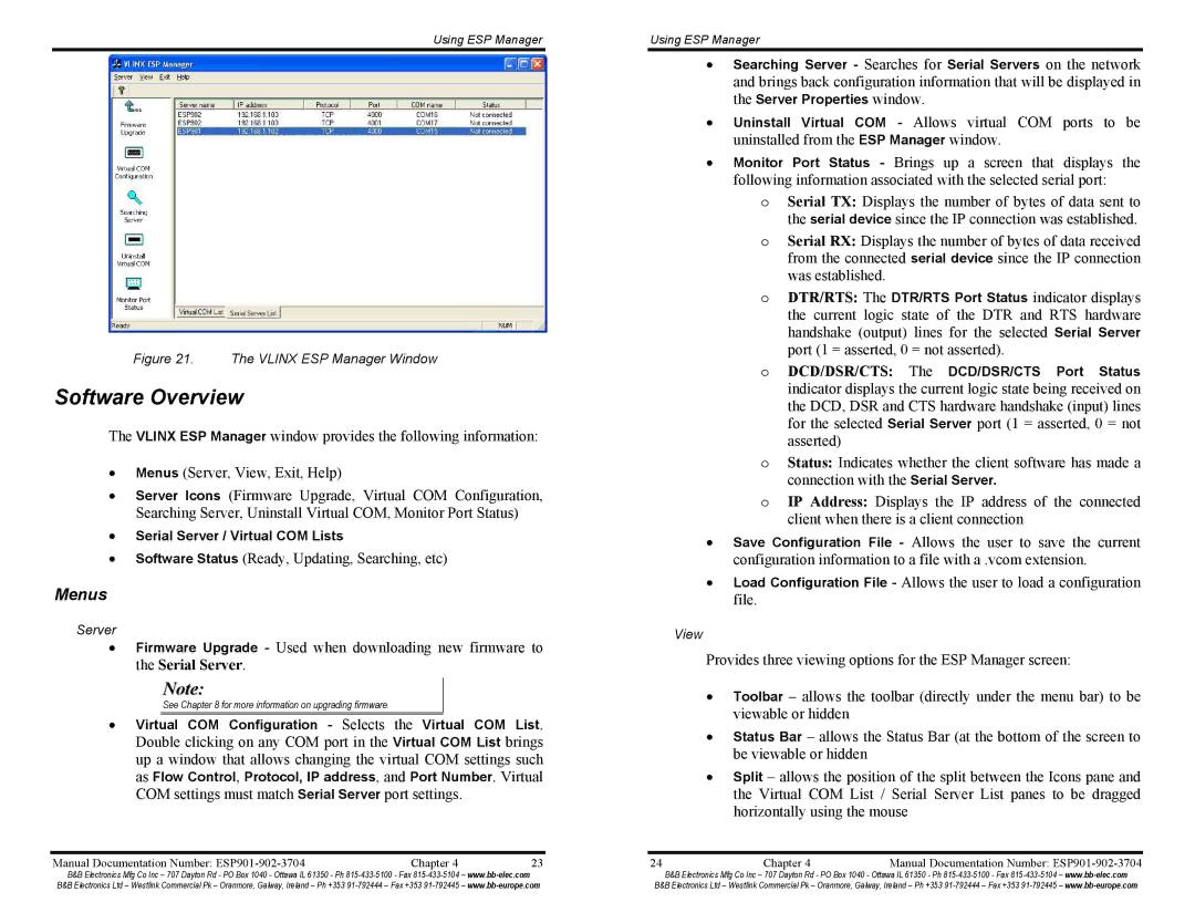 B&B Electronics ESP902E, ESP901E manual Software Overview, Menus 