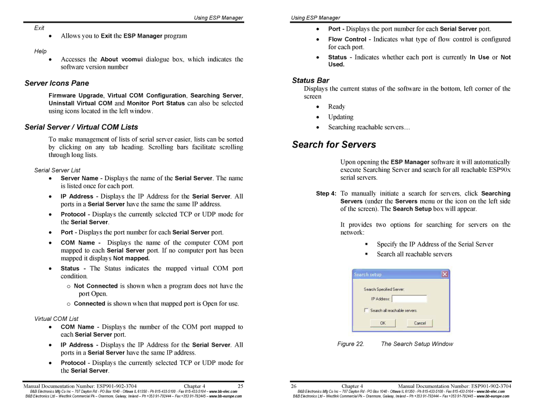 B&B Electronics ESP901E, ESP902 manual Search for Servers, Server Icons Pane, Serial Server / Virtual COM Lists, Status Bar 