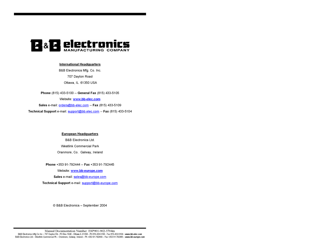 B&B Electronics ESP902E, ESP901E manual International Headquarters 