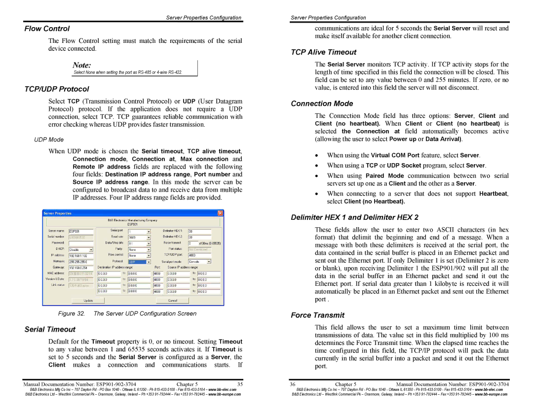 B&B Electronics ESP902E Flow Control, TCP/UDP Protocol, Serial Timeout, TCP Alive Timeout, Connection Mode, Force Transmit 