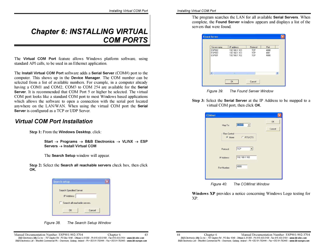 B&B Electronics ESP901E, ESP902E manual Installing Virtual COM Ports, Virtual COM Port Installation 