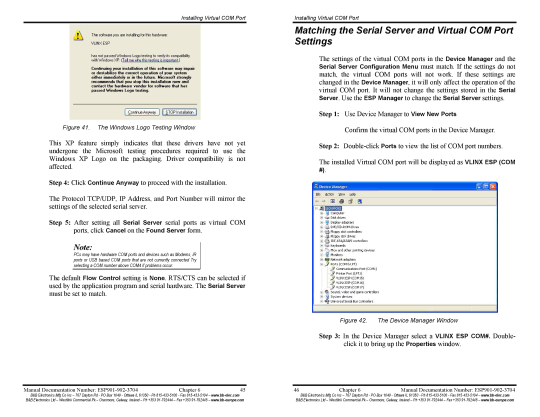 B&B Electronics ESP902, ESP901E manual Matching the Serial Server and Virtual COM Port Settings, Windows Logo Testing Window 