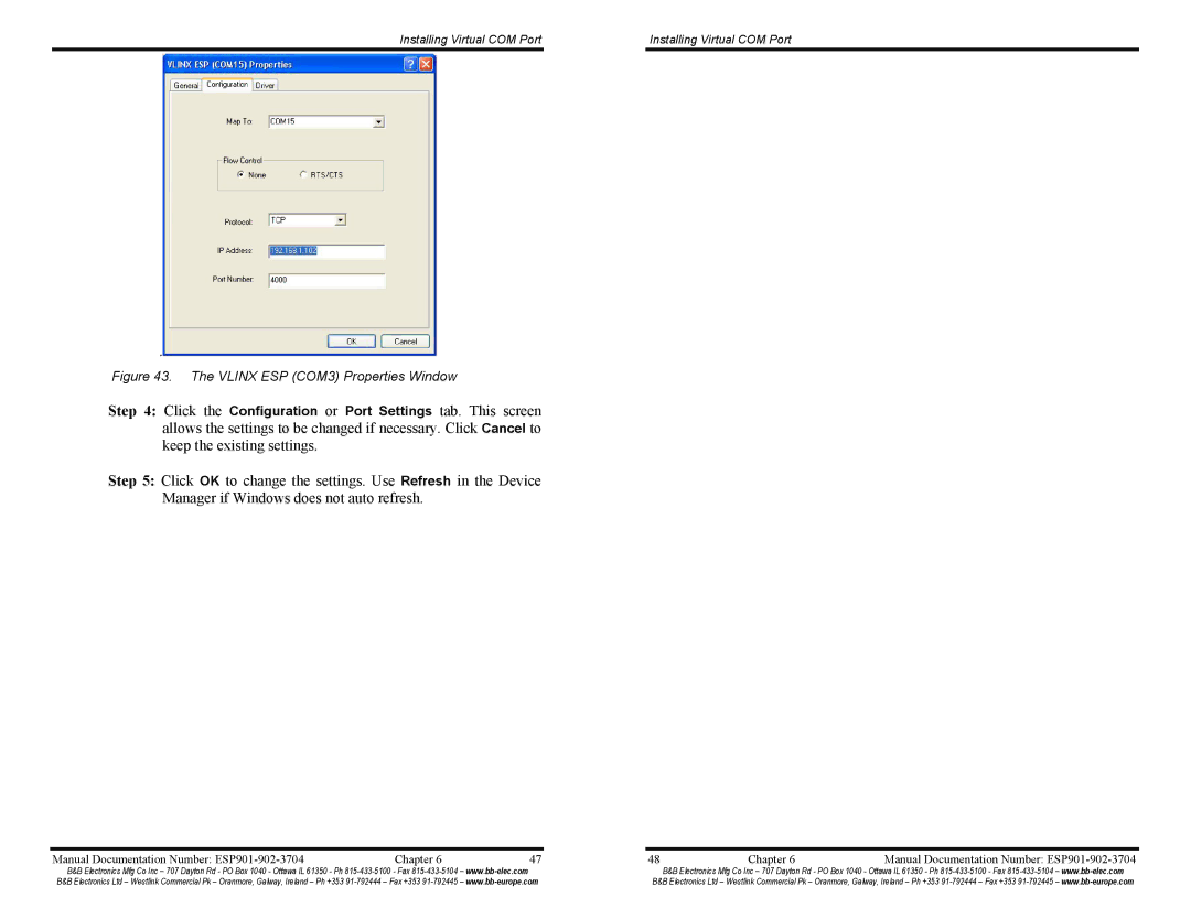 B&B Electronics ESP902E, ESP901E manual Vlinx ESP COM3 Properties Window 