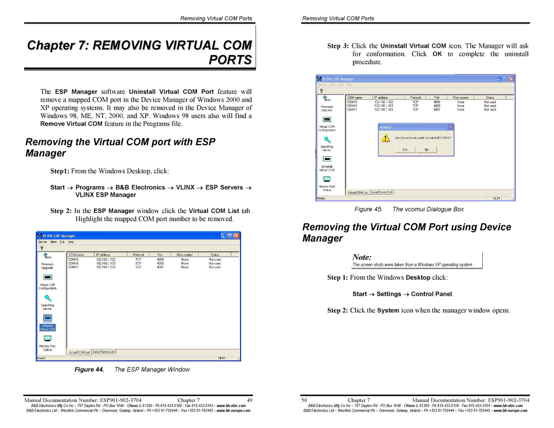 B&B Electronics ESP901E, ESP902E manual Removing Virtual COM Ports, Removing the Virtual COM port with ESP Manager 