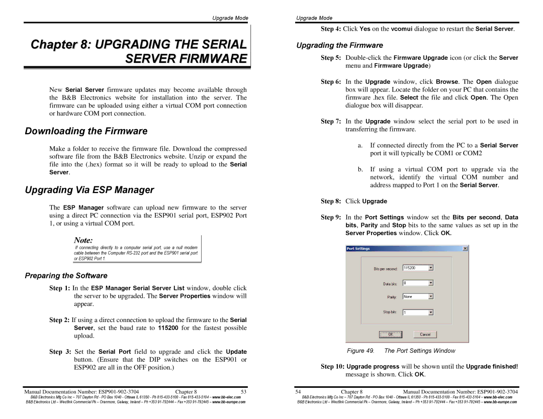 B&B Electronics ESP902E, ESP901E Upgrading the Serial Server Firmware, Downloading the Firmware, Upgrading Via ESP Manager 