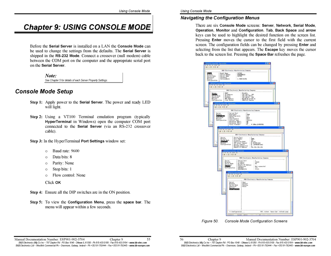 B&B Electronics ESP901E, ESP902E manual Using Console Mode, Console Mode Setup, Navigating the Configuration Menus 