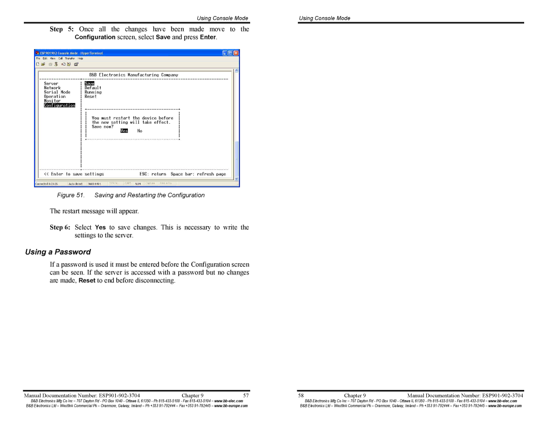 B&B Electronics ESP901E, ESP902E manual Using a Password, Saving and Restarting the Configuration 