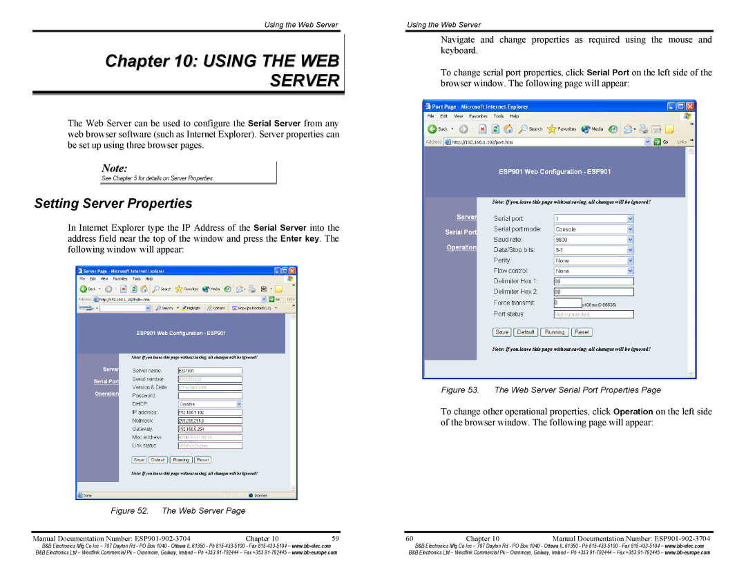 B&B Electronics ESP902E, ESP901E manual Using the WEB Server, Setting Server Properties 