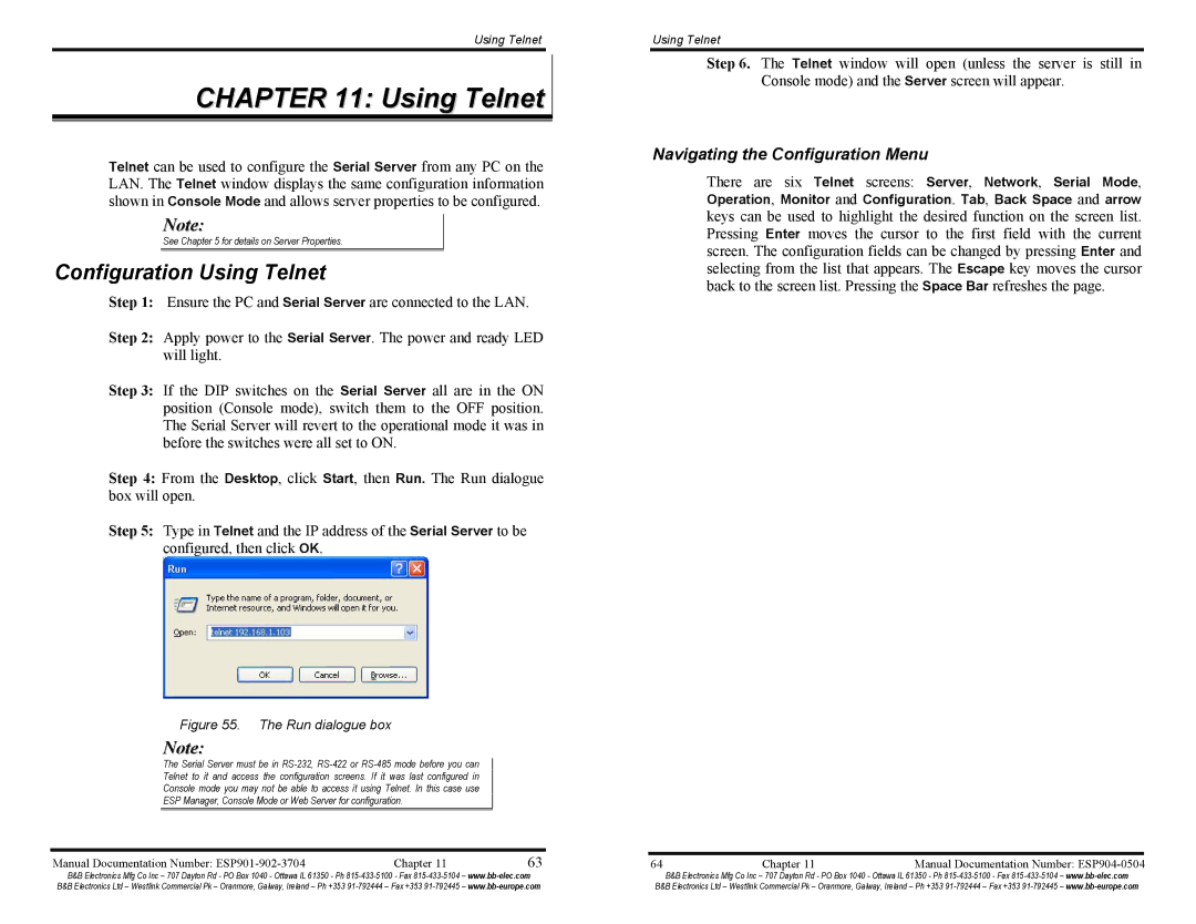 B&B Electronics ESP901E, ESP902E manual Configuration Using Telnet, Navigating the Configuration Menu 