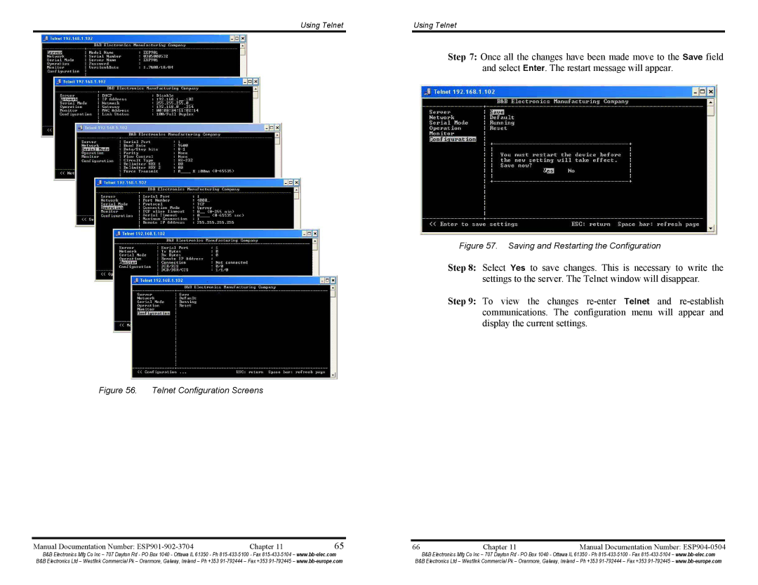 B&B Electronics ESP902E, ESP901E manual Telnet Configuration Screens 