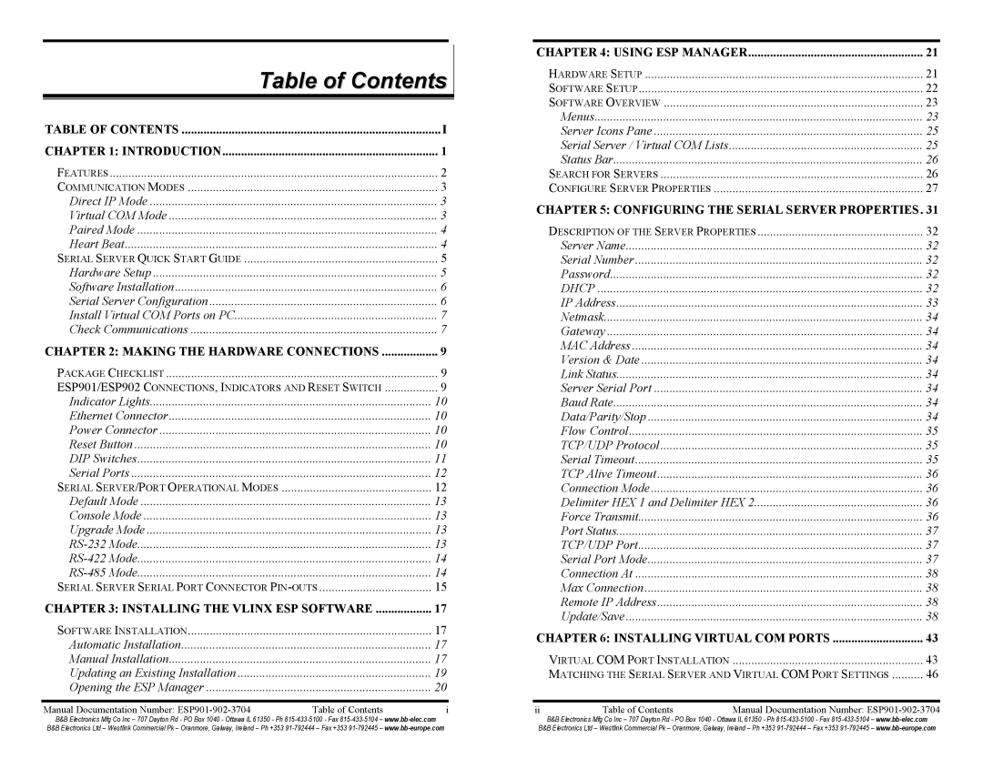 B&B Electronics ESP901E, ESP902E manual Table of Contents 