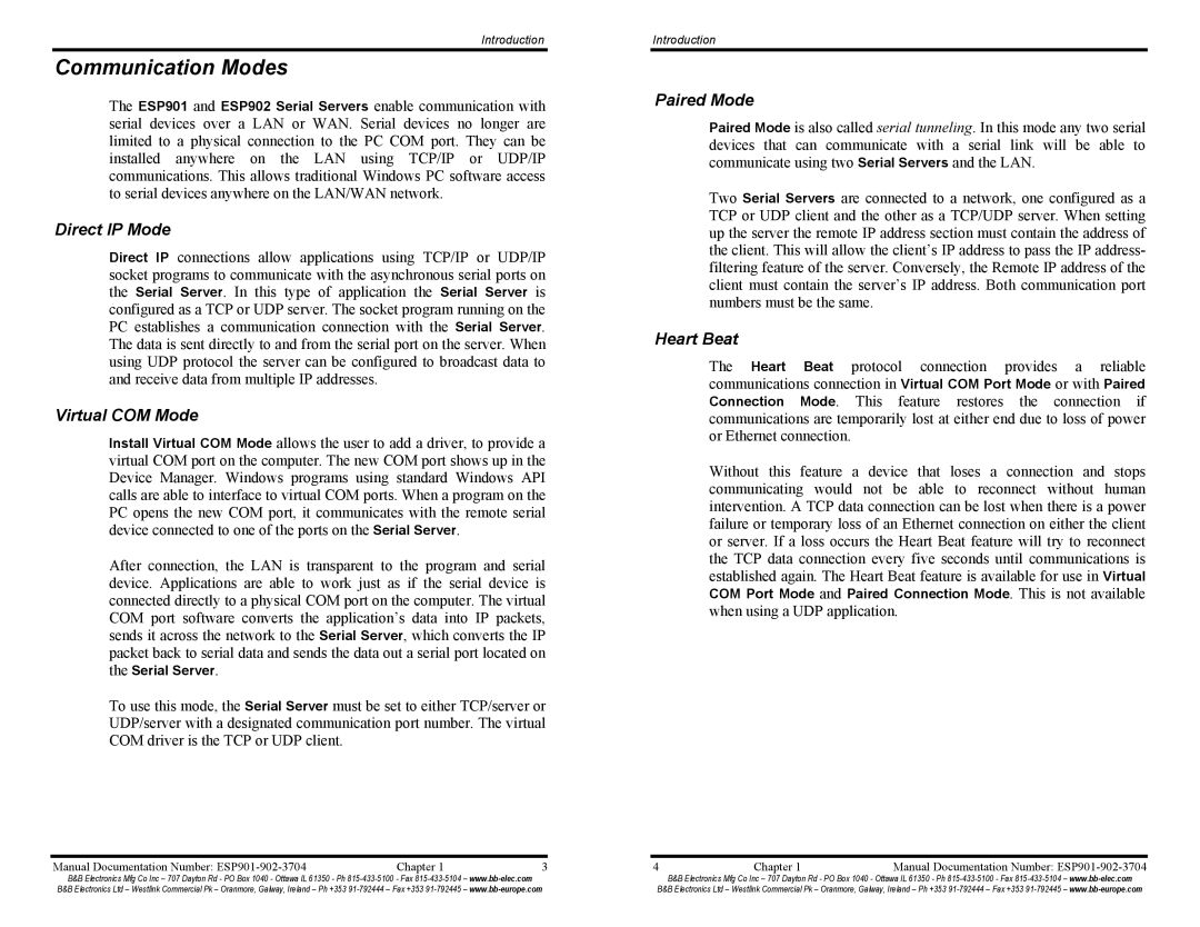 B&B Electronics ESP901E, ESP902E manual Communication Modes, Direct IP Mode, Virtual COM Mode, Paired Mode, Heart Beat 