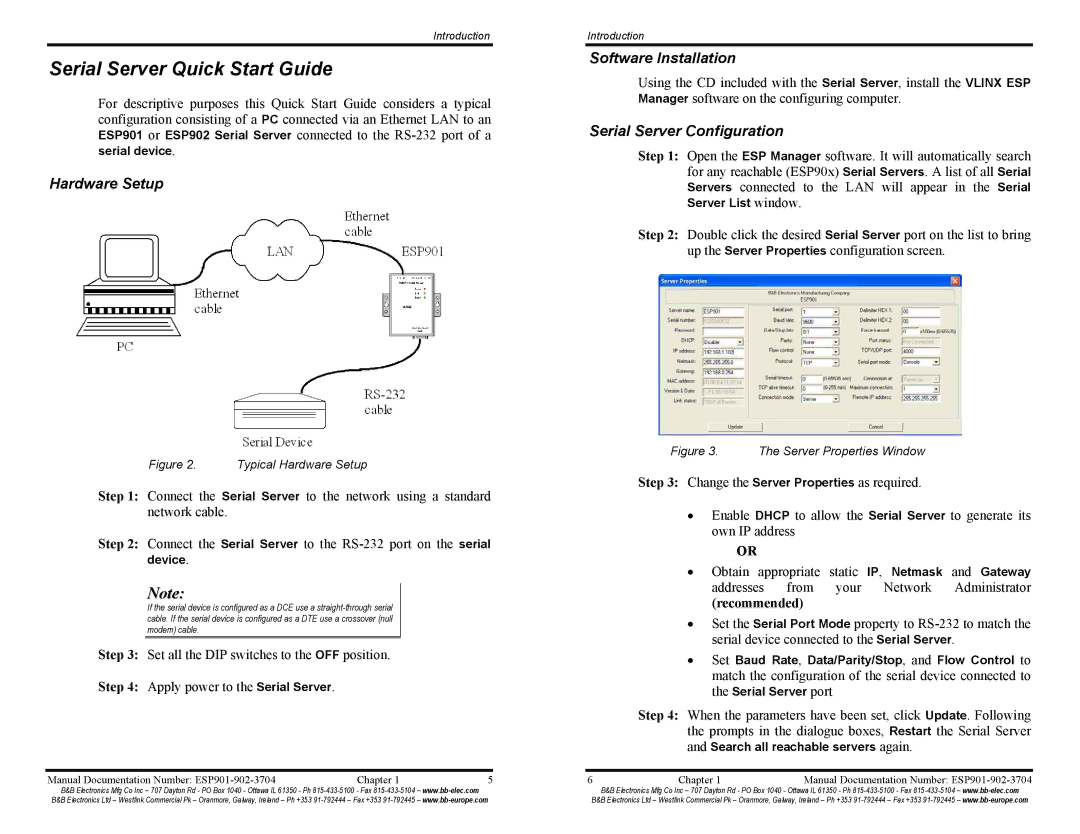 B&B Electronics ESP902E, ESP901E manual Serial Server Quick Start Guide, Hardware Setup, Software Installation 