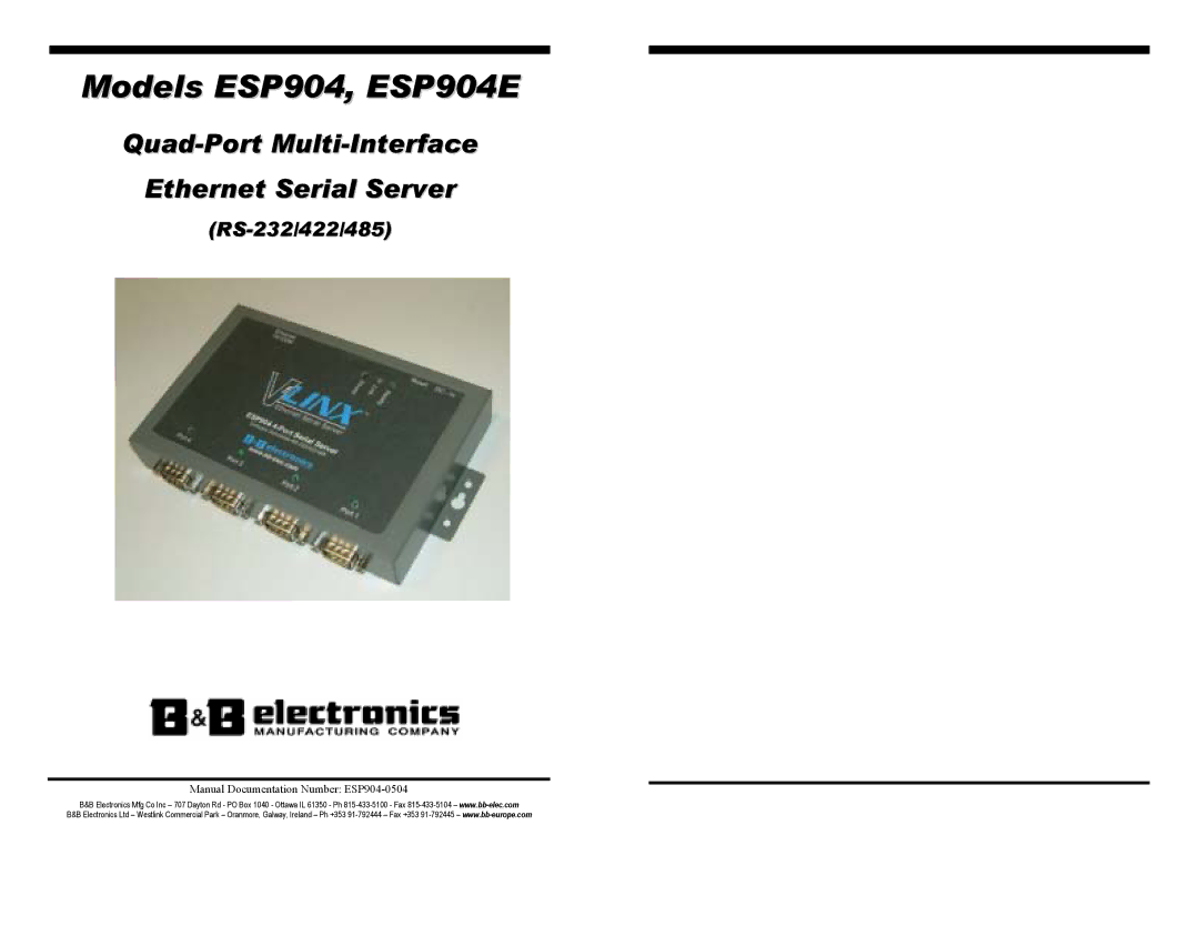 B&B Electronics ESP904E manual Quad-Port Multi-Interface Ethernet Serial Server, RS-232/422/485 