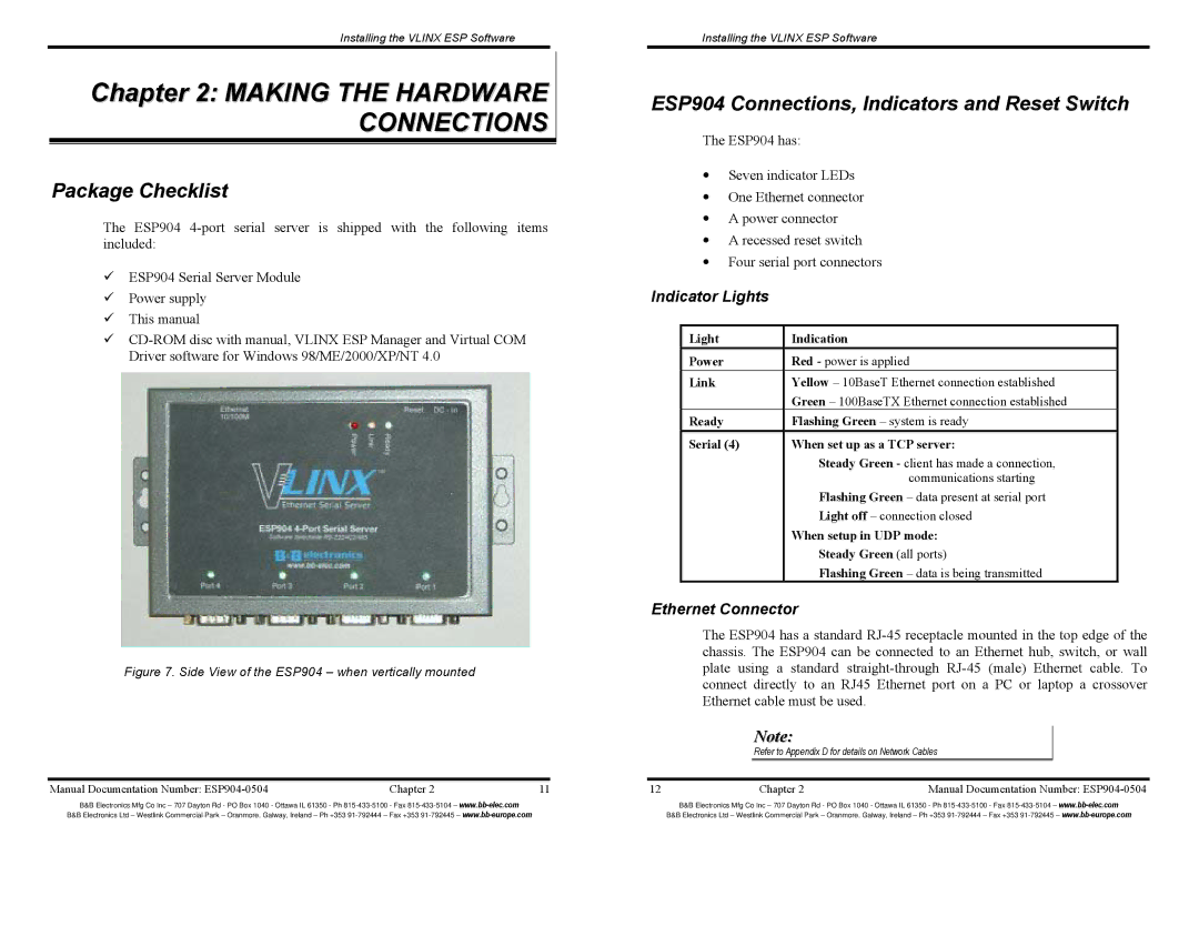 B&B Electronics ESP904E manual Making the Hardware Connections, Package Checklist, Indicator Lights, Ethernet Connector 