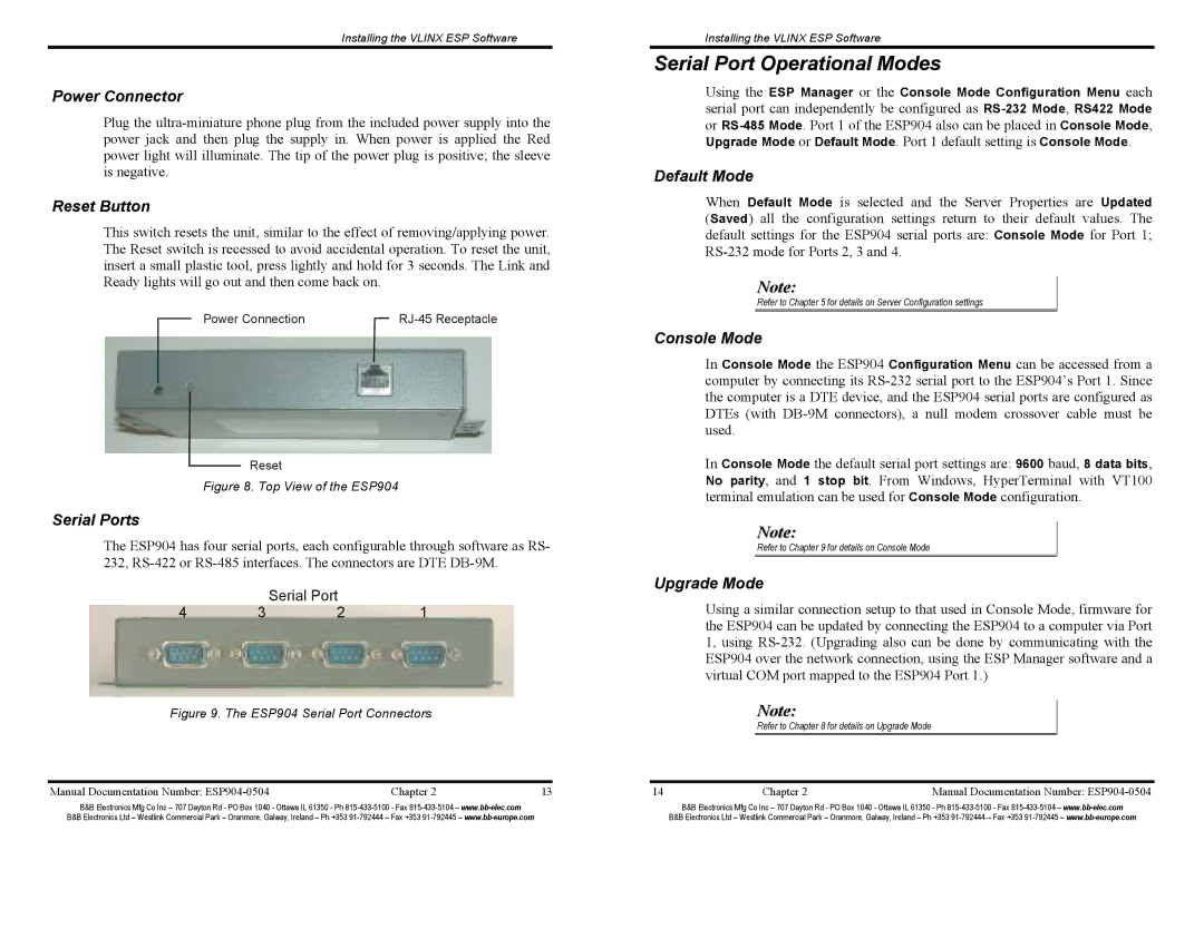 B&B Electronics ESP904E manual Serial Port Operational Modes 