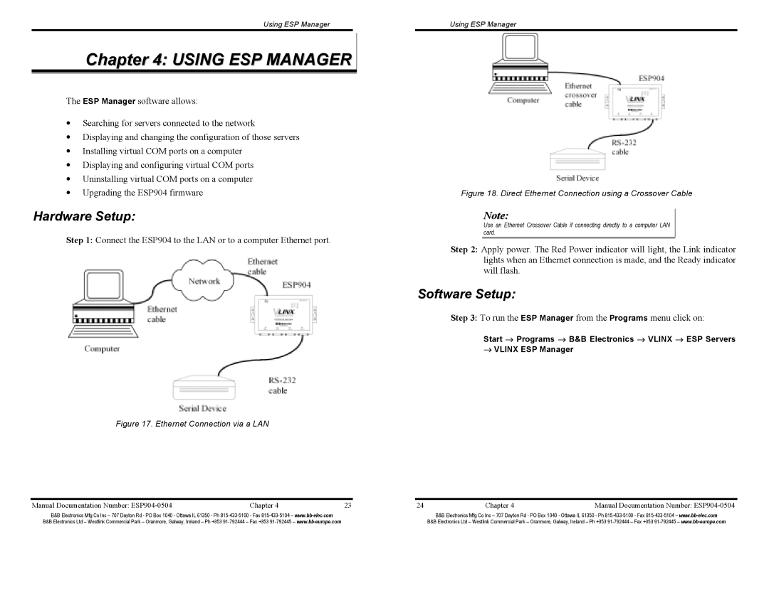 B&B Electronics ESP904E manual Using ESP Manager, Hardware Setup, Software Setup 